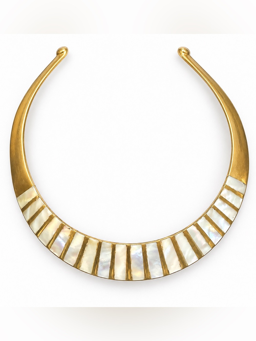 Vintage Hammered Bronze Mother of Pearl Inlay Collar Necklace Made in India